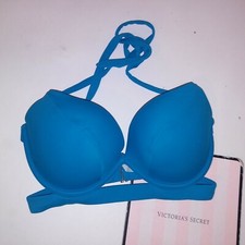 Victoria Secret Swim Bikini Top 34DD Hottie Halter Blue Push Up Strappy Underwir
