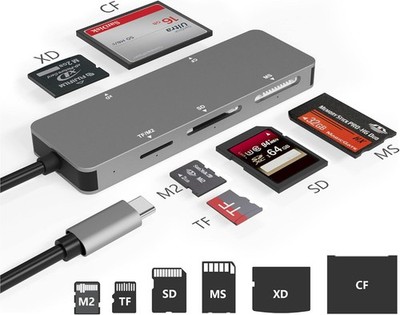 USB-C Kartenleser für TF SD MS M2 XD CF, 5 Karten gleichzeitig, Aluminium