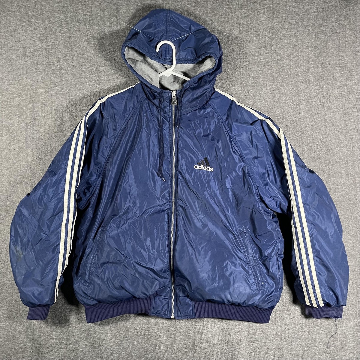 Adidas Jacket Mens XL Blue Gray Reversible Hooded Full Zip Winter