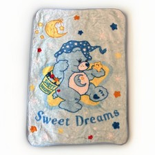 Vintage Care Bears Sweet Dreams Bedtime Bear Toddler Baby Blanket Blue Fuzzy Z