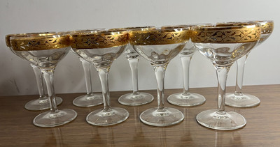 Cristalleria Fratelli Fumo Champagne Glass Set of 9 Gold Rim Made in Italy