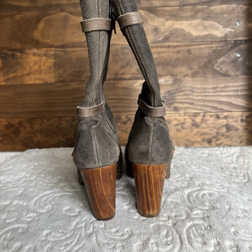 The Art Company Botines Medio Talla 38 EE. UU. 7-7,5 Cuero Gamuza Madera Hebilla Tacón Foto 3 de 4