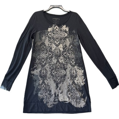 PERUVIAN CONNECTION Pima Cotton Dress Women's Size M Black Greige Boho Art Print