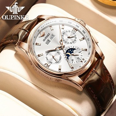 OUPINKE Automatic Mechanical Waterproof Men's Watch Moon Phase Leather Strap