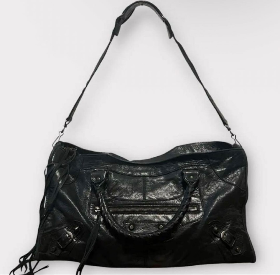 Balenciaga city the part time Black Leather 2Way Handbag Shoulder Bag Auth Y2K