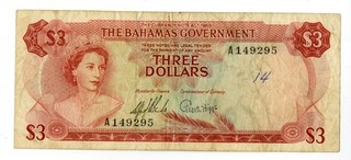 Bahamas. Bahamas Government L.1965. 3 Dollars P 19a Issued. Fine VF. TDLR
