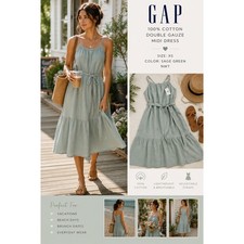 NWT GAP Womens XS Sage Green 100% Cotton Double Gauze Midi Boho Coastal Dress