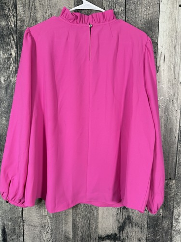 J Crew Long Sleeve Ruffle Neck Top in 365 Crepe XXL Bright Neon Pink - Picture 2 of 5