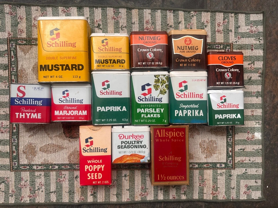 Vintage Spice Tin Lot  Schilling Crown Colony Durkee 12 &2 Cardboard - Image 2 of 4
