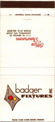 Badger Fixtures Inc W Arnold St Marshfield WI Vintage Matchbook Cover TMM5-6
