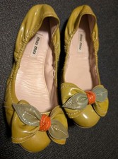 Rare Miu Miu Ribbon Flats Yellow Green Patent Leather Women's Size 34.5 US 4.5