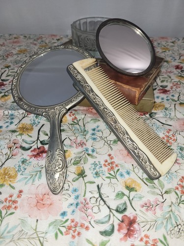 Vintage Sterling Silber 3 Stück Kosmetik Set Spiegel, Kamm, Puderschale mit Deckel