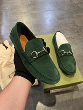 $980 Gucci Driver Loafers Moccasin GG Vintage Green Suede Men UK 7.5 US 8