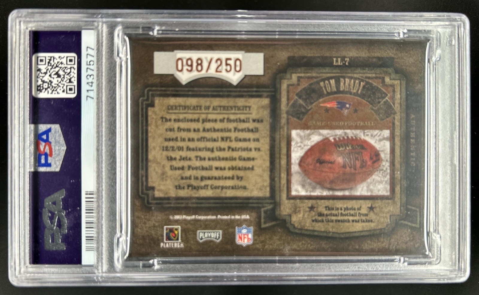 2003 Playoff Hogg Heaven Tom Brady Leather in Football #/250 Patriots PSA 8 view 2