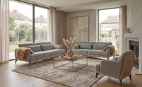 2X 3-Sitzer Sofa Sessel Grau Modern Stoff Holz Metall Wohnzimmer Set