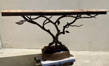 Hand Forged Iron Tree Sculpture Table With Breccia Pernice Italian Marble Top