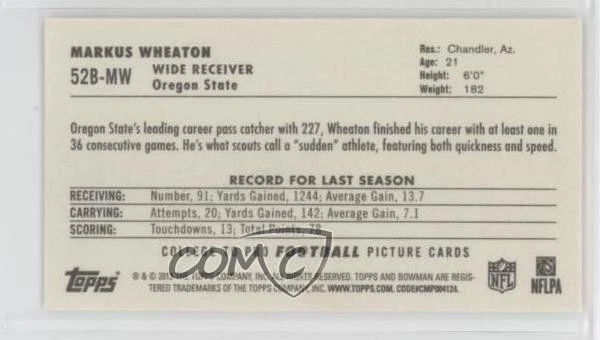 2013 Bowman Mini Cards 1952 Design Auto Markus Wheaton #52B-MW Rookie Auto RC - Image 2 of 2