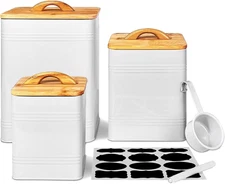  Set of 3 White Airtight Kitchen Canisters with Bamboo Lids for Flour & Sugar