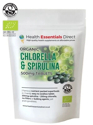 HEALTH ESSENTIALS DIRECT Organic Spirulina + Chlorella Tablets 500mg - Detox - Immune System - Energy