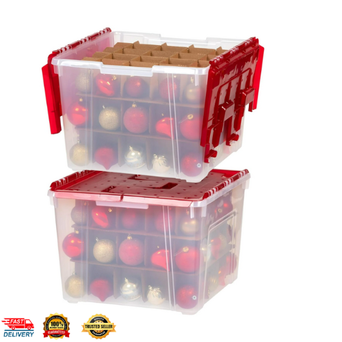 Plastic Christmas Ornament Storage Box with Hinged Lid and Dividers 2Pack 60qt