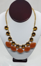 Vintage Rhinestone Lucite Necklace Orange Shell Design Amber Gold Tone 19" Adj