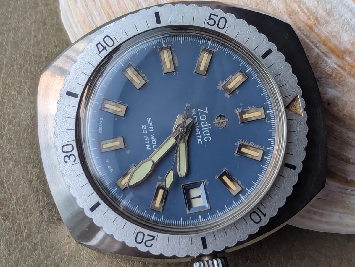 Vintage 1970s Zodiac Sea Wolf 722 906 Diver w/Blue Dial,Warm