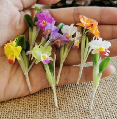  Cattleya Orchid Flowers Artificial Clay 7 Bunches  Miniature Dollhouse Flower 