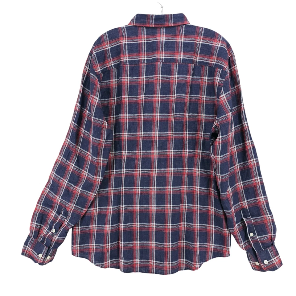 BLOOMINGDALES Men's Store 100% Linen Button Up Shirt Red Blue Plaid Check LARGE - Image 4 of 4