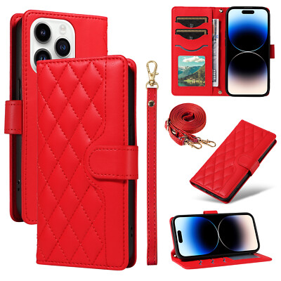 For iPhone 16e 16 Pro Max 15 14 13 12 11 Wallet Stand Case w/Wrist Strap Lanyard