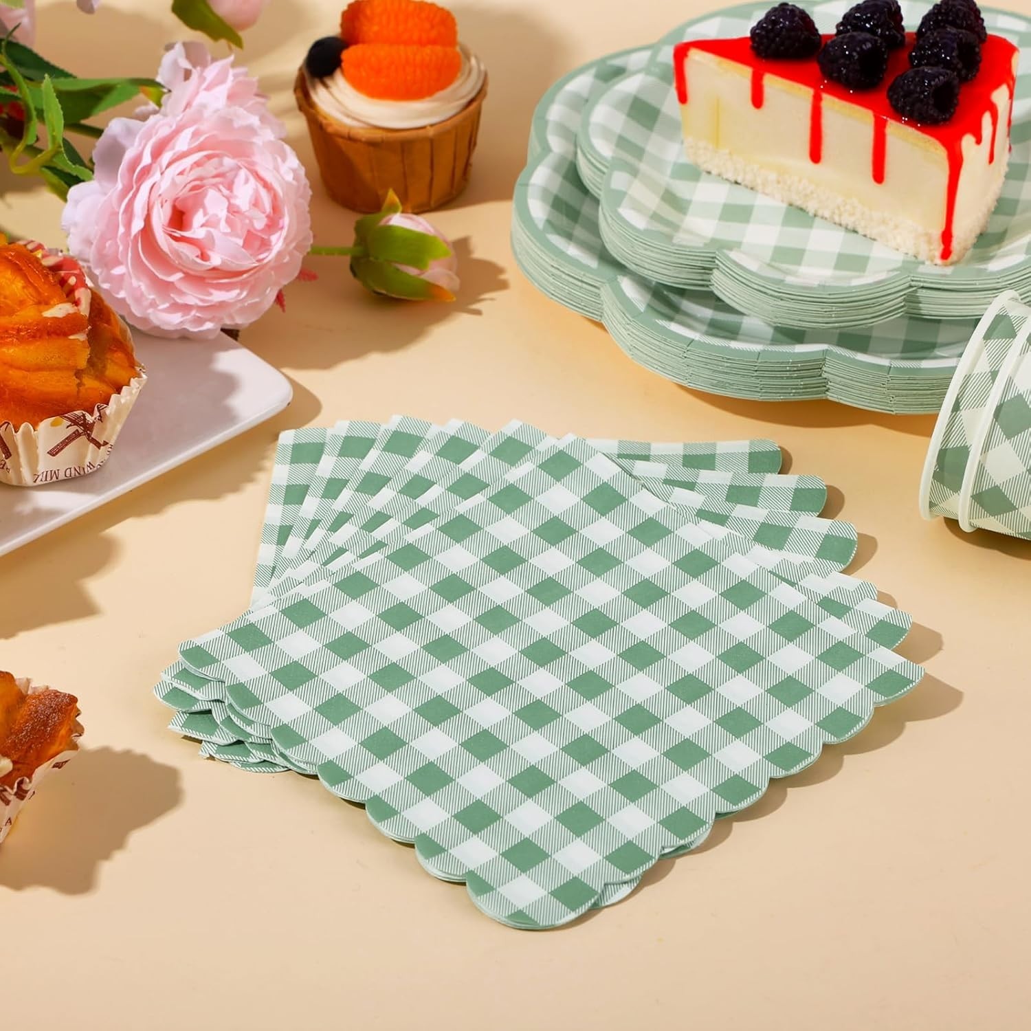 350 Pcs Sage Green Gingham Paper Plates and Napkins Party Supplies - Sage Gre...