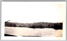 Vtg B&W Snapshot Serene River Town Scene 1941