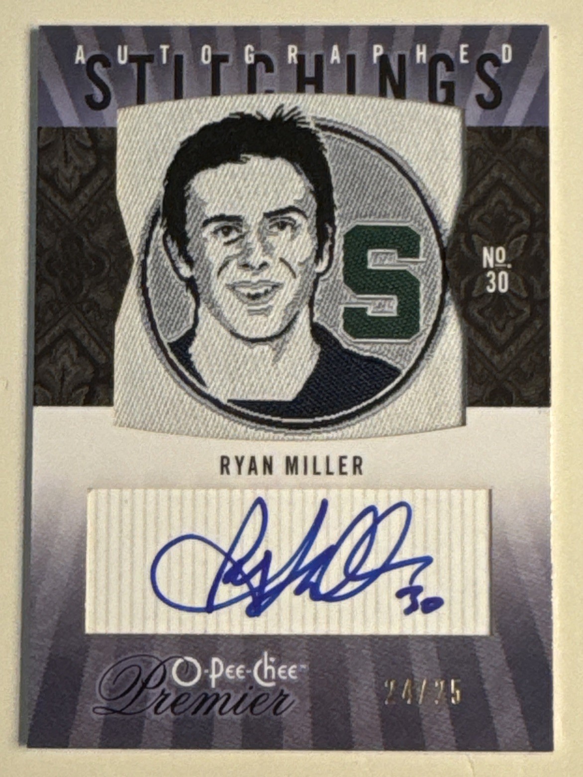 Ryan Miller 2009-10  OPC PREMIER AUTOGRAPHED STITCHINGS SSP /25 (AU,ME)