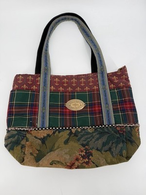 Vintage Mackenzie Childs Large Tote Bag Stripes Tapestry Plaid Multicolor