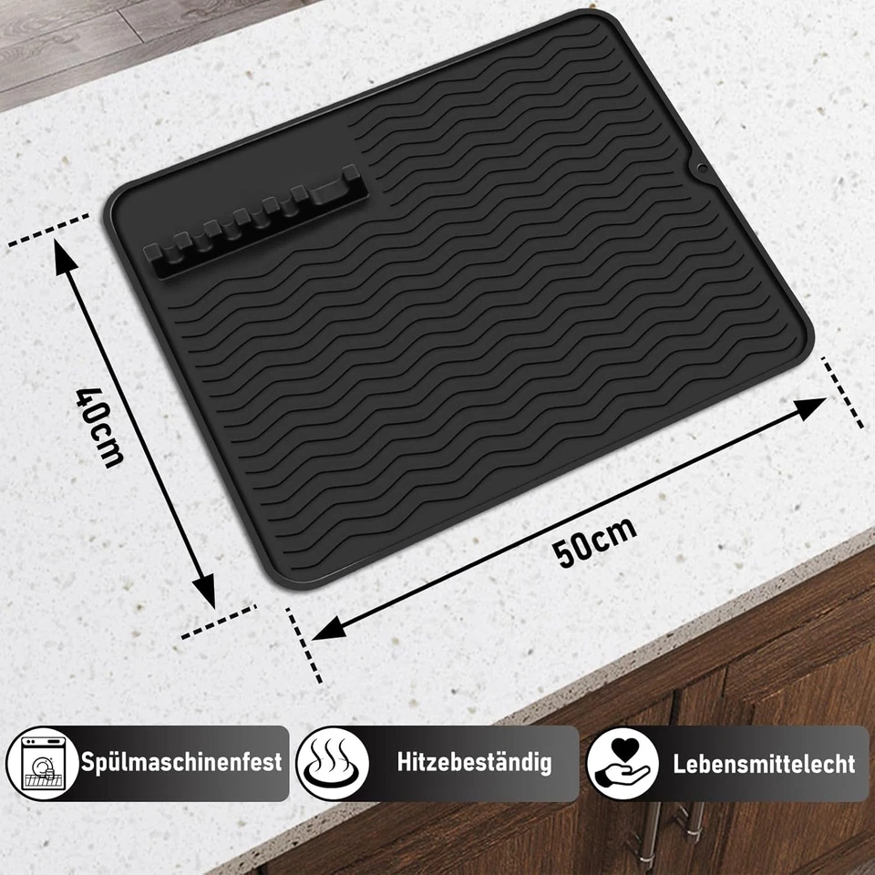 Abtropfmatte Silikon 50x40 cm hitzebeständig rutschfest Geschirr Spülmatte schwa - Bild 3 von 4