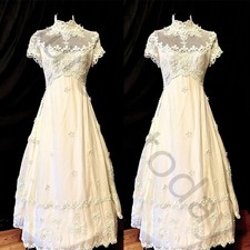 Vintage Wedding Dress High Neck Short Sleeve Lace Applique Illusion Bridal Gown
