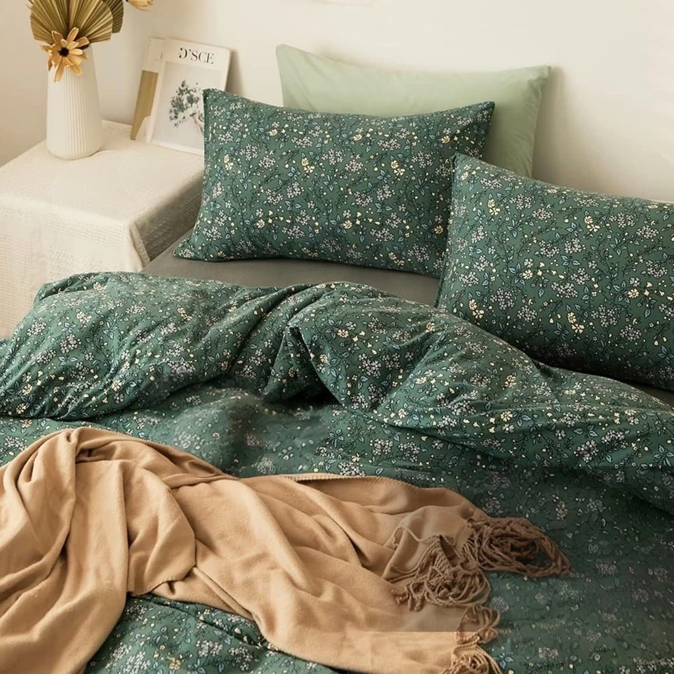 NUEVO Juego de edredón y farsa de ropa de cama de algodón Queen King estilo vintage verde antro Foto 4 de 4