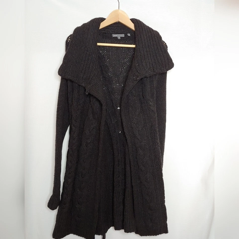 Cárdigan Vince Grueso Tejido Longline Frente Abierto Lana Yak Negro Gris XS Cinturón Foto 3 de 4