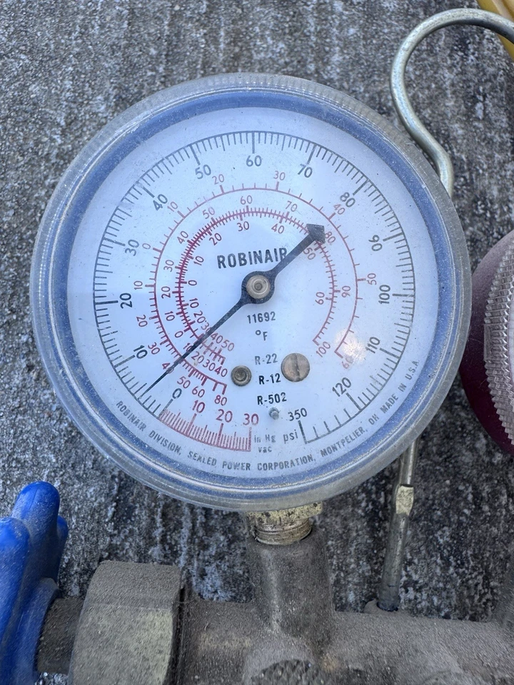 Juego de manómetros de aire acondicionado vintage Robinair 11692/11693 R-22/12/502 -PROBADO, FUNCIONA- Foto 3 de 3