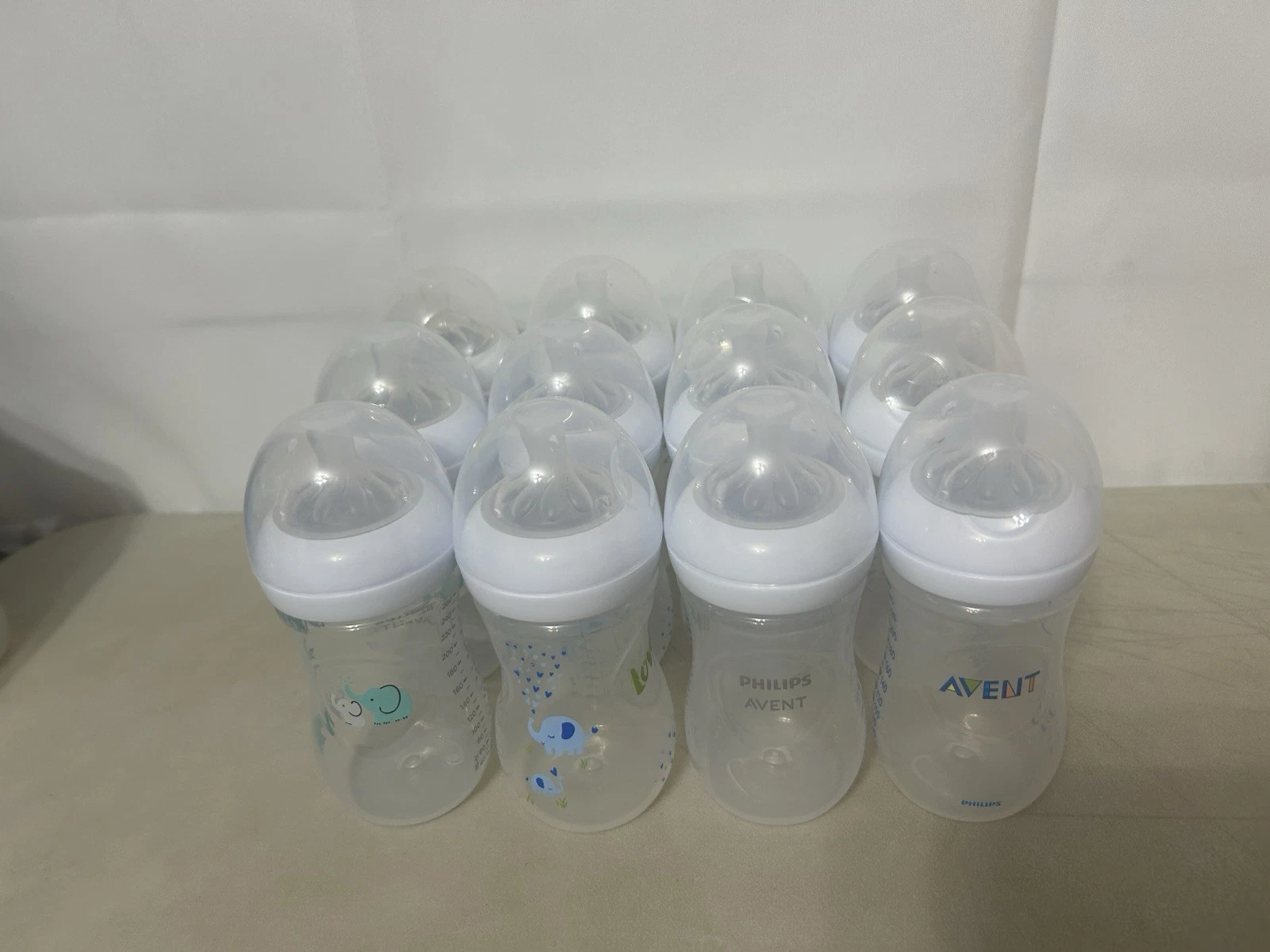 Lot Of 12 Avent Baby Bottles 9 Ounce Blue Green Elephants Stage 2/3 Nipples
