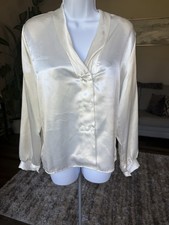 Vintage Van Horne Satin Blouse Size 10 Ivory Tuxedo USA MADE