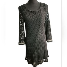 Catchy Black Knit Chevron Dress Medium Boho Festival V-Neck​ Crochet Sz M