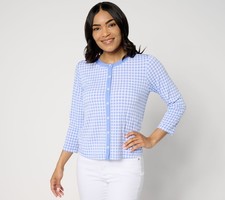 Susan Graver Printed Liquid Knit 3/4 Sleeve Button Front Cardigan Mystic Blue M