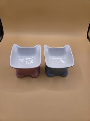 Whisker City blue & Pink kitty dishes elevated ceramic set of two 4.5 fluid oz