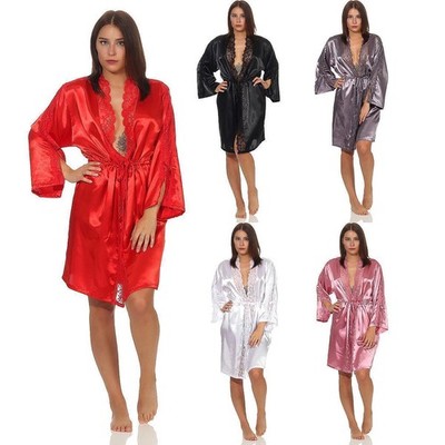 Damen Morgenmantel kurzer Kimono Satin Spitze Bademantel Nachtwäsche S M L XL 2X