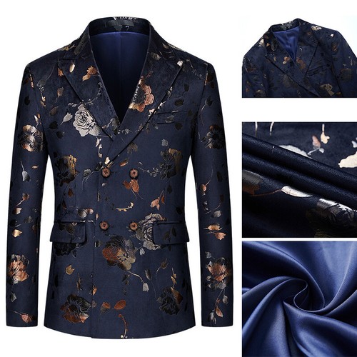 Herren Foliendruck Blumen Anzug Jacke Blazer Zweireiher Abendessen Bühne Mantel