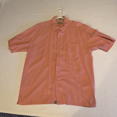 Visitor 100% Silk Shirt Mens Large Button Down Casual Ribbed Short Sleeve 