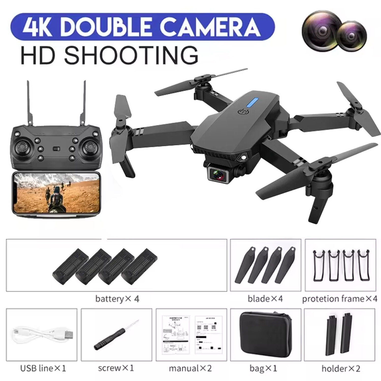 E88 Pro WIFI FPV Quadcopter With Fordable HD 4K Wide Angle Dual Camera Drone RC-image