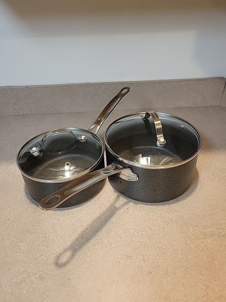 Set Of 2 Granite Stone Pots/Pans With Lids