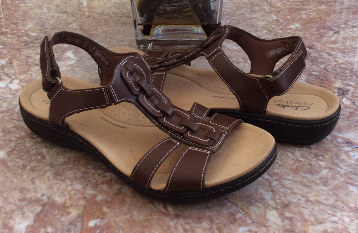 Clarks Laurieann Kay Women's T-strap Brown Leather Sandals Size 10W EUC! $99