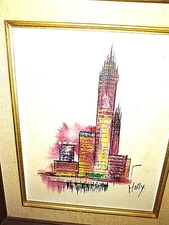 TWO MID CENTURY MODERN FORM SKYSCRAPERS OIL ON CANVAS BOARD ORIG EX COND 8X10